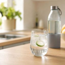Glass of water with ice and a cucumber slice on a kitchen counter next to a water bottle and a bowl of fruit