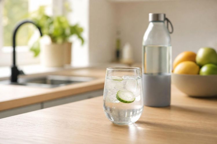 Glass of water with ice and a cucumber slice on a kitchen counter next to a water bottle and a bowl of fruit