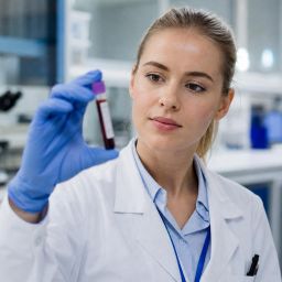 Lab technician holding a blood sample tube in a clinical laboratory