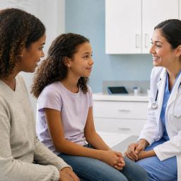 Pediatrician talking with a parent and preteen child in an exam room