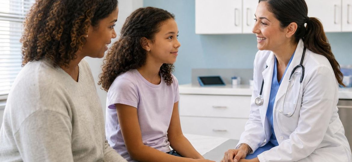 Pediatrician talking with a parent and preteen child in an exam room