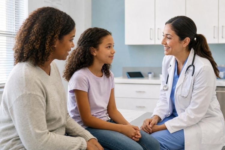 Pediatrician talking with a parent and preteen child in an exam room