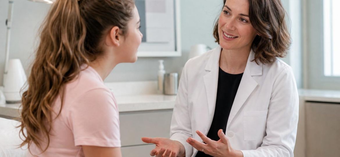 Teenager talking with a dermatologist in a bright clinic exam room