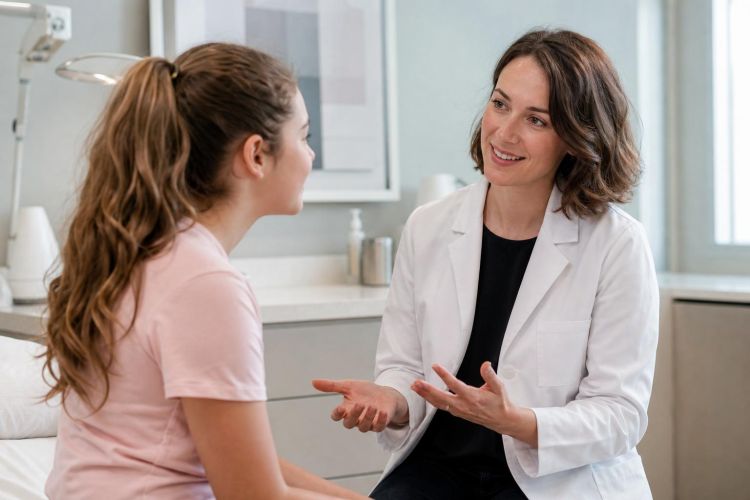 Teenager talking with a dermatologist in a bright clinic exam room
