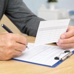 Adult reviewing a vaccination record card at a doctor's office