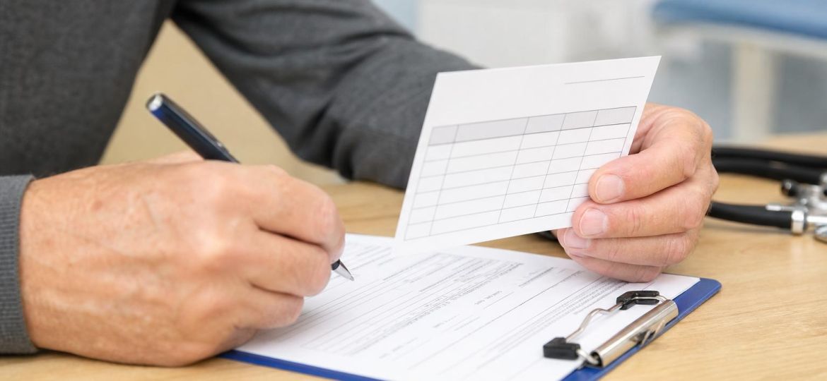 Adult reviewing a vaccination record card at a doctor's office