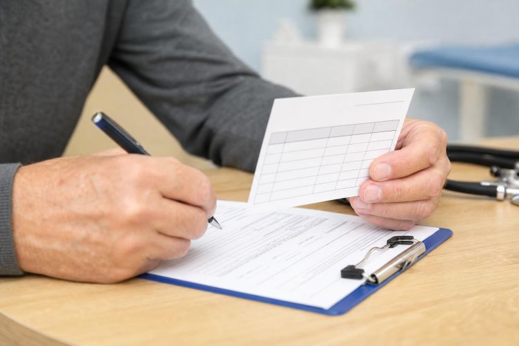 Adult reviewing a vaccination record card at a doctor's office