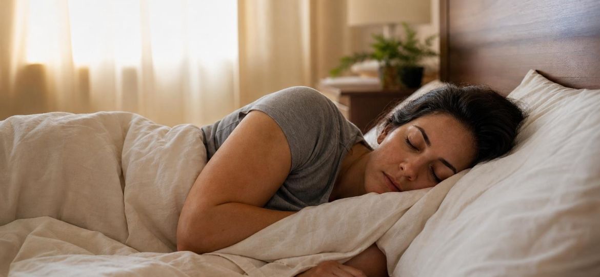 Parent sleeping peacefully in a calm bedroom with soft morning light