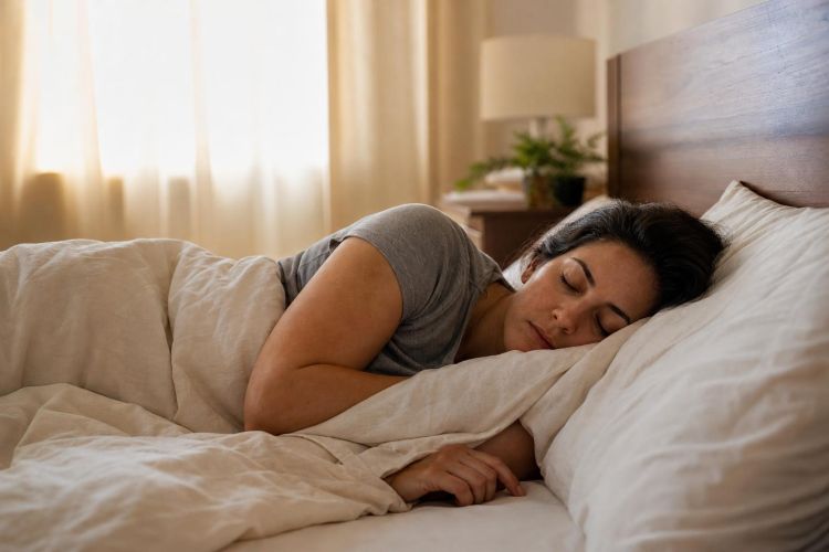 Parent sleeping peacefully in a calm bedroom with soft morning light