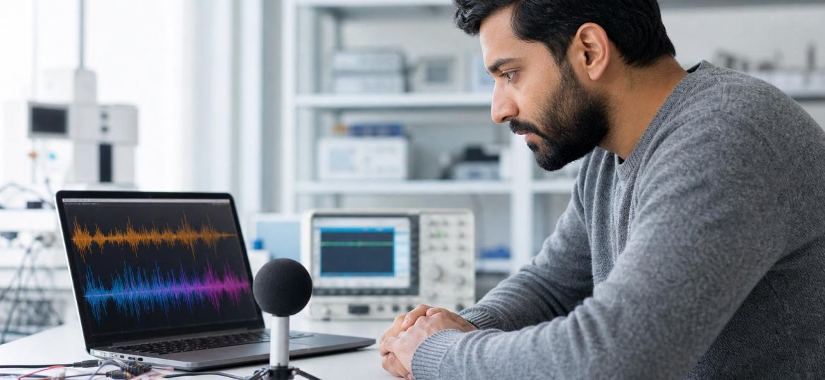 Engineer looking at colorful sound-wave patterns on a laptop in a research lab