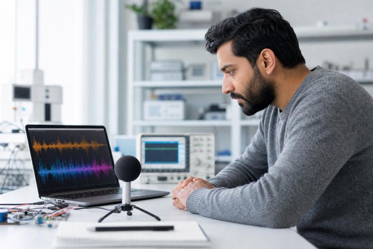 Engineer looking at colorful sound-wave patterns on a laptop in a research lab