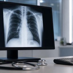 Chest X-ray on a monitor in a radiology reading room with a stethoscope on the desk