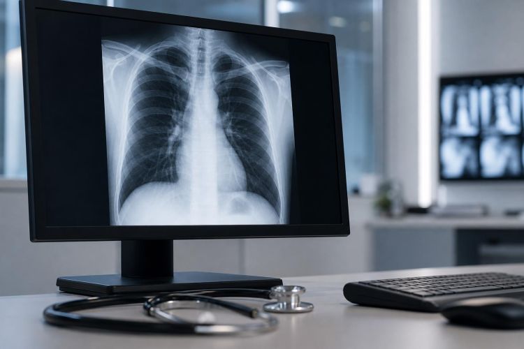 Chest X-ray on a monitor in a radiology reading room with a stethoscope on the desk
