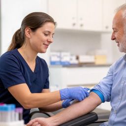 Phlebotomist drawing blood from an older man's arm in a clinic