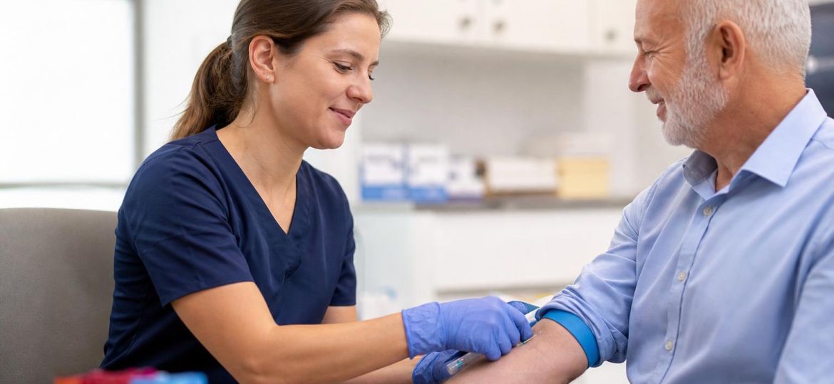 Phlebotomist drawing blood from an older man's arm in a clinic