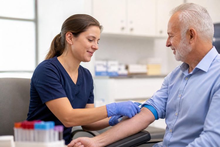 Phlebotomist drawing blood from an older man's arm in a clinic