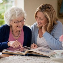 Older woman and her adult daughter looking through a family photo album together