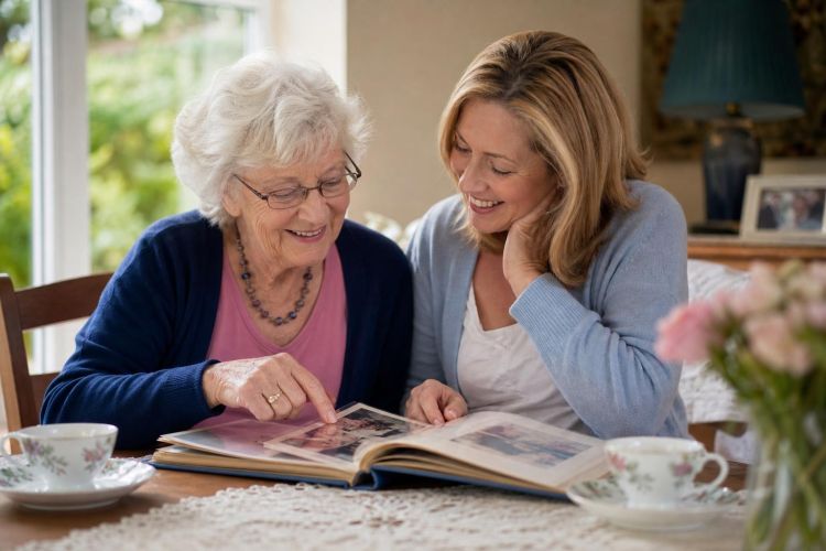 Older woman and her adult daughter looking through a family photo album together