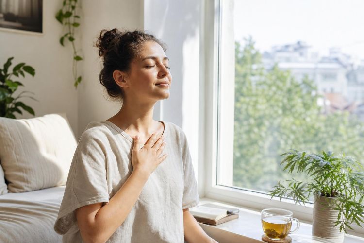 Young woman by a sunny window practicing calm breathing with tea nearby