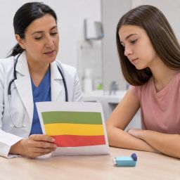 Doctor reviewing a color-coded asthma action plan with a teenage patient