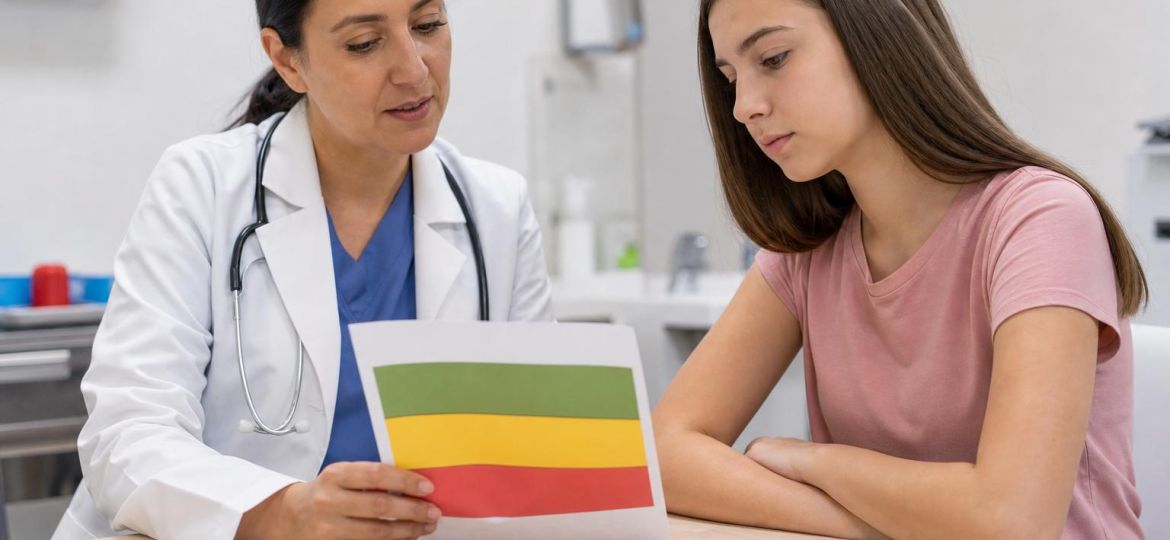 Doctor reviewing a color-coded asthma action plan with a teenage patient