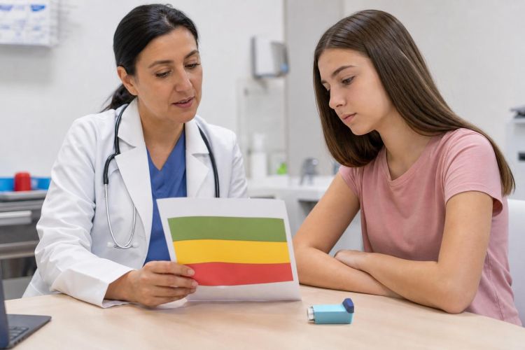 Doctor reviewing a color-coded asthma action plan with a teenage patient
