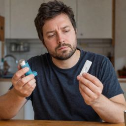 Man holding an asthma inhaler and a rapid test at his kitchen table