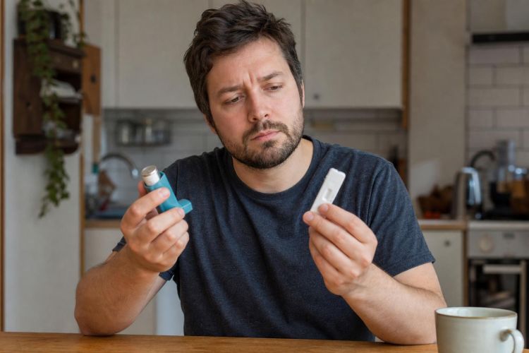 Man holding an asthma inhaler and a rapid test at his kitchen table
