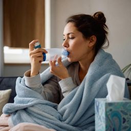 Young woman with a cold using an asthma inhaler with a spacer