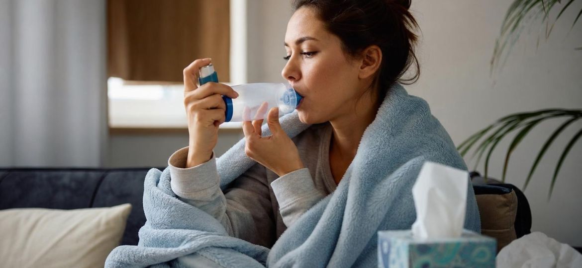 Young woman with a cold using an asthma inhaler with a spacer