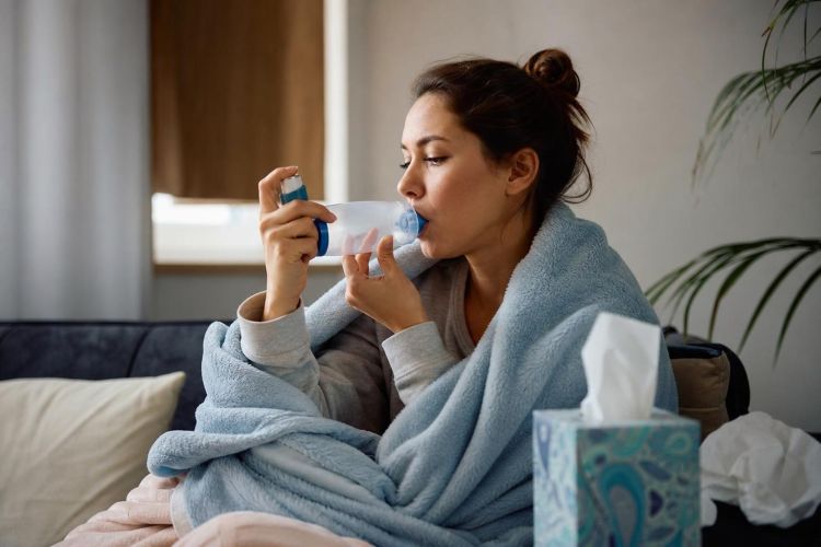 Young woman with a cold using an asthma inhaler with a spacer