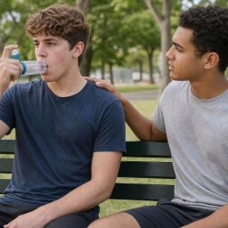 Young man using a rescue inhaler with a spacer on a park bench