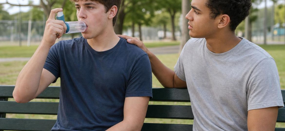 Young man using a rescue inhaler with a spacer on a park bench