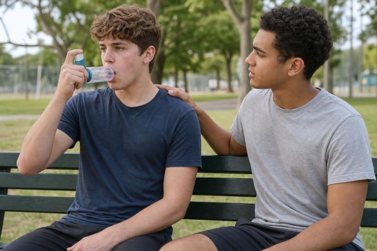 Young man using a rescue inhaler with a spacer on a park bench