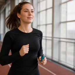 Young woman warming up on an indoor track holding a rescue inhaler