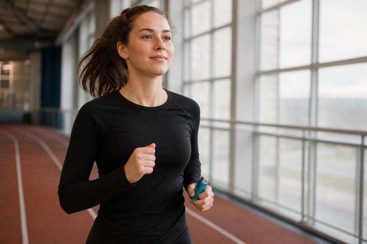 Young woman warming up on an indoor track holding a rescue inhaler