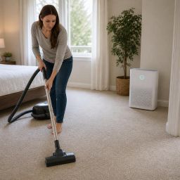 Woman vacuuming a bedroom with an air purifier running nearby