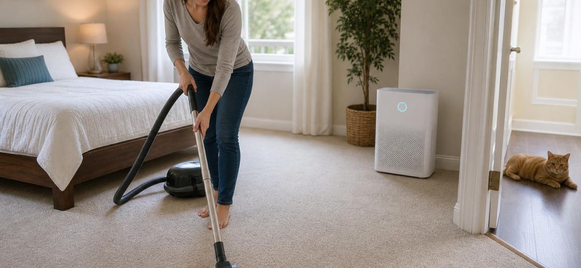 Woman vacuuming a bedroom with an air purifier running nearby