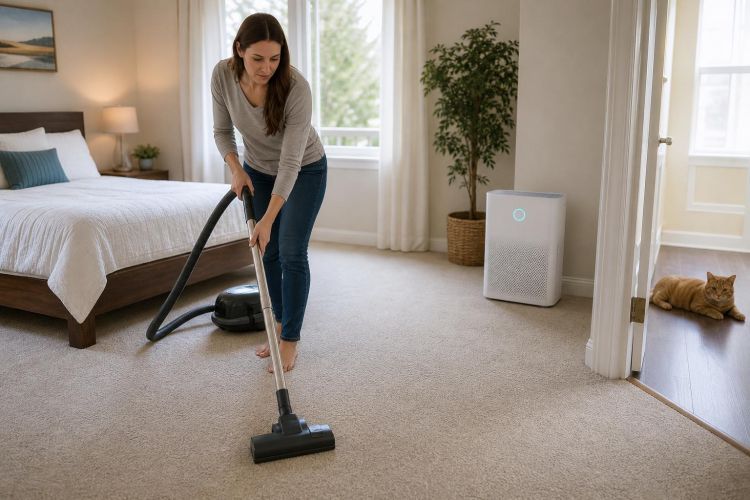 Woman vacuuming a bedroom with an air purifier running nearby
