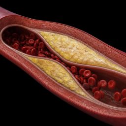 Illustration of an artery cross-section with plaque buildup narrowing blood flow