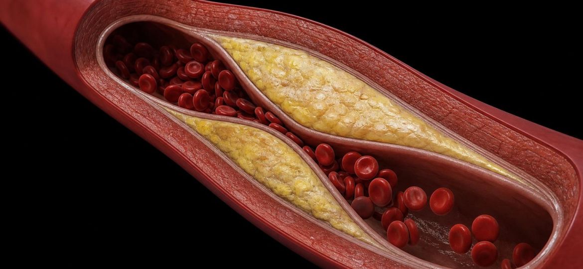 Illustration of an artery cross-section with plaque buildup narrowing blood flow