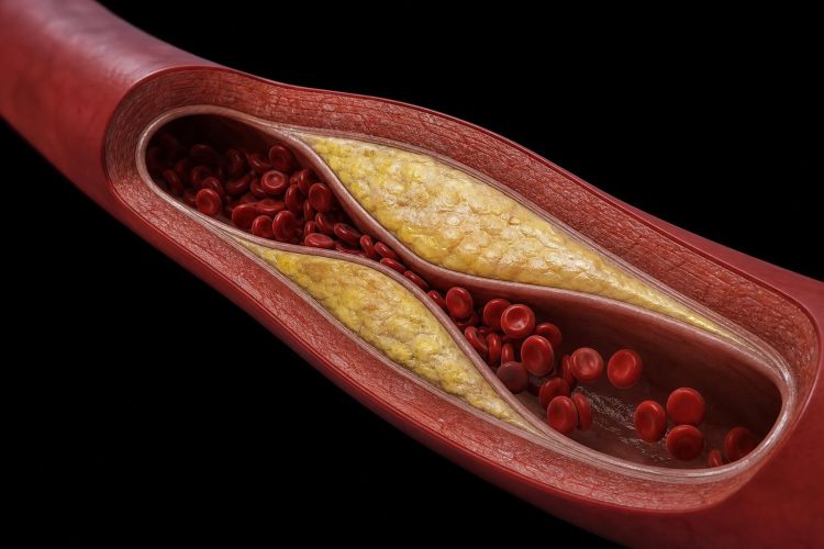 Illustration of an artery cross-section with plaque buildup narrowing blood flow