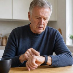 Older man checking a heart rhythm alert on his smartwatch