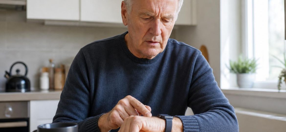 Older man checking a heart rhythm alert on his smartwatch
