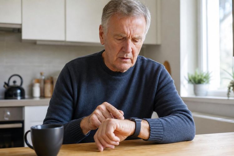 Older man checking a heart rhythm alert on his smartwatch