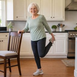 Older woman balancing on one leg while holding the back of a kitchen chair