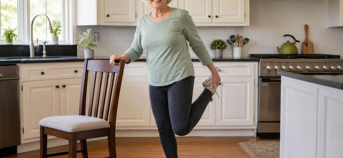 Older woman balancing on one leg while holding the back of a kitchen chair