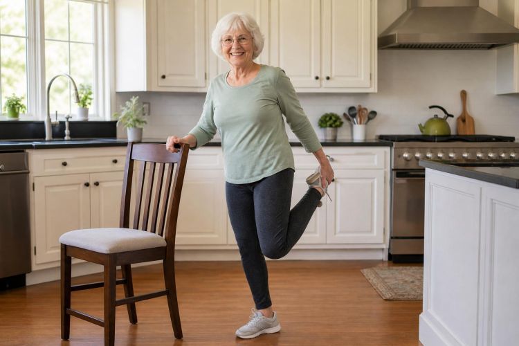 Older woman balancing on one leg while holding the back of a kitchen chair