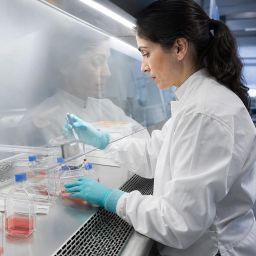 Scientist working at a cell-culture cabinet in a research lab