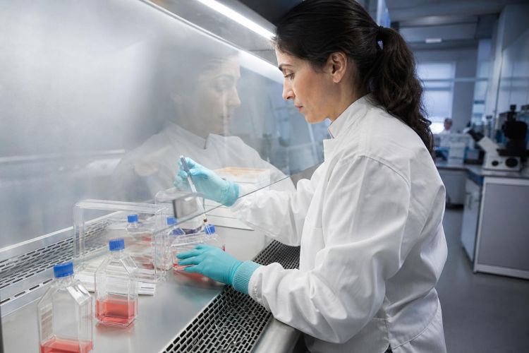 Scientist working at a cell-culture cabinet in a research lab